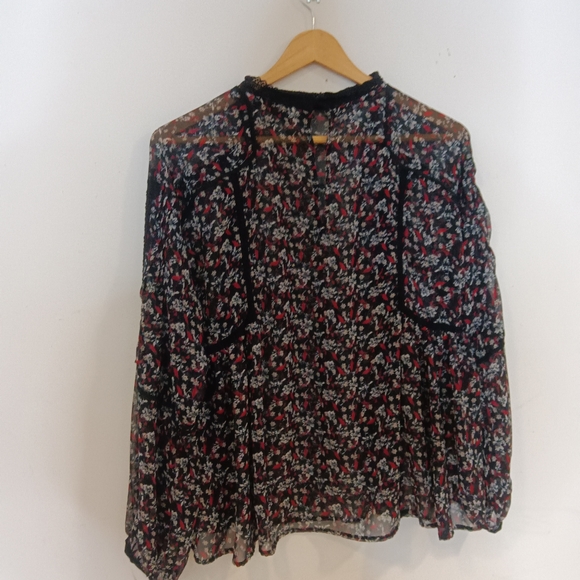 Zara Sheer Bohemian Floral Black Red White Lace Detail Flowy Peasant Top Sz S - Picture 8 of 8